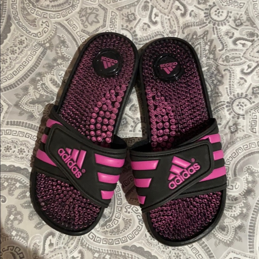 Adidas pink and black slides